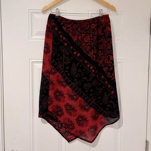 VTG Kathy Ireland Black Red Paisley Y2K Hankerchief High Low Scarf Midi Skirt